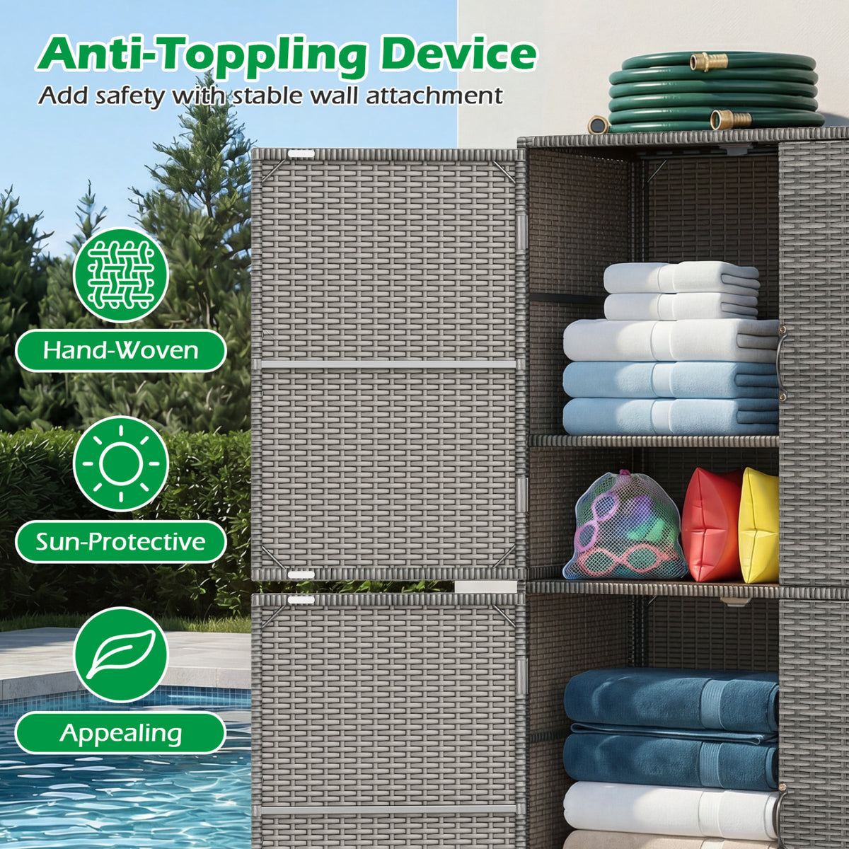 4-Door Rattan Vertical Storage Shed with Adjustable Shelves