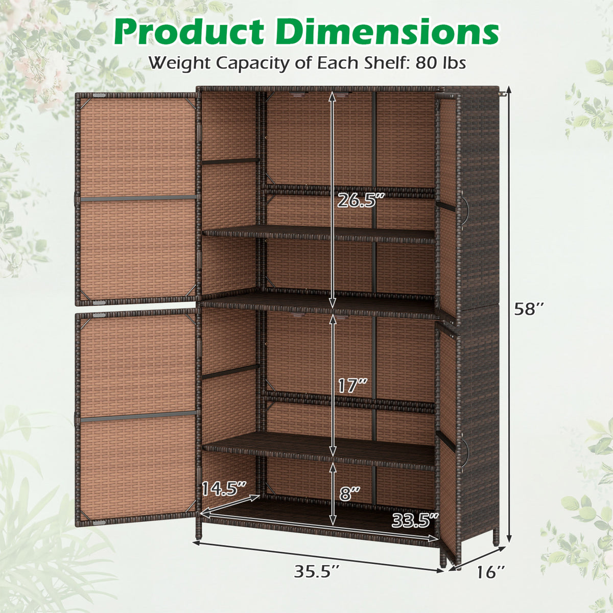 4-Door Rattan Vertical Storage Shed with Adjustable Shelves