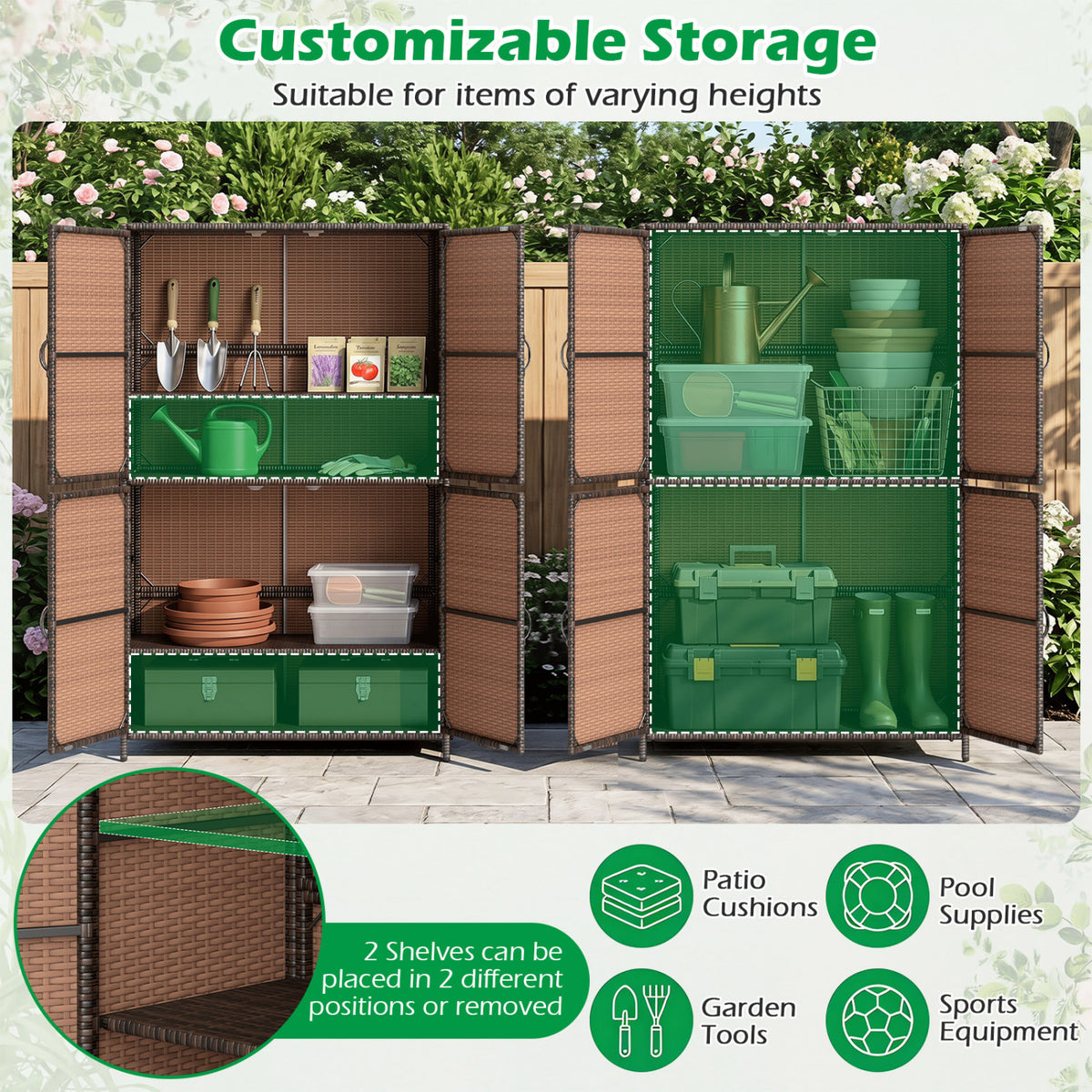 4-Door Rattan Vertical Storage Shed with Adjustable Shelves