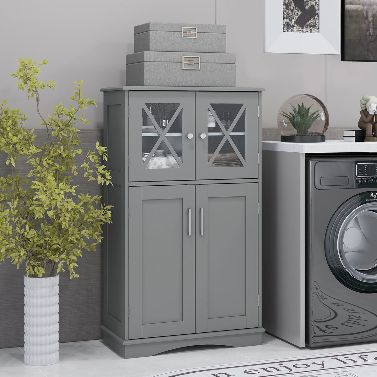 4 Doors Freeestanding Bathroom Floor Cabinet with Adjustable Shelves