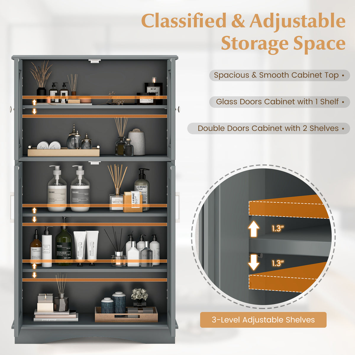4 Doors Freeestanding Bathroom Floor Cabinet with Adjustable Shelves