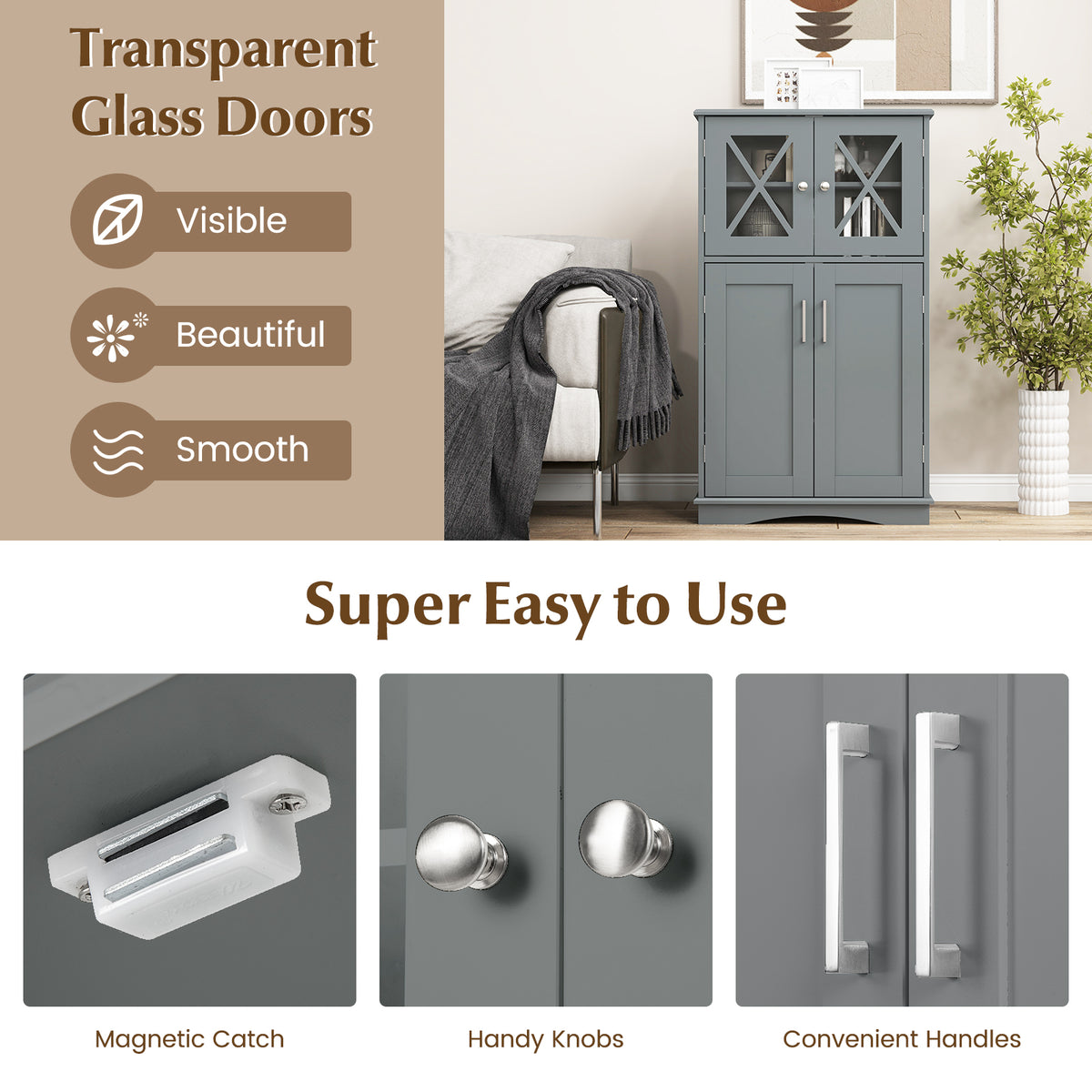 4 Doors Freeestanding Bathroom Floor Cabinet with Adjustable Shelves