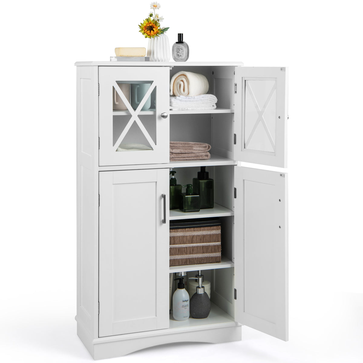 4 Doors Freeestanding Bathroom Floor Cabinet with Adjustable Shelves