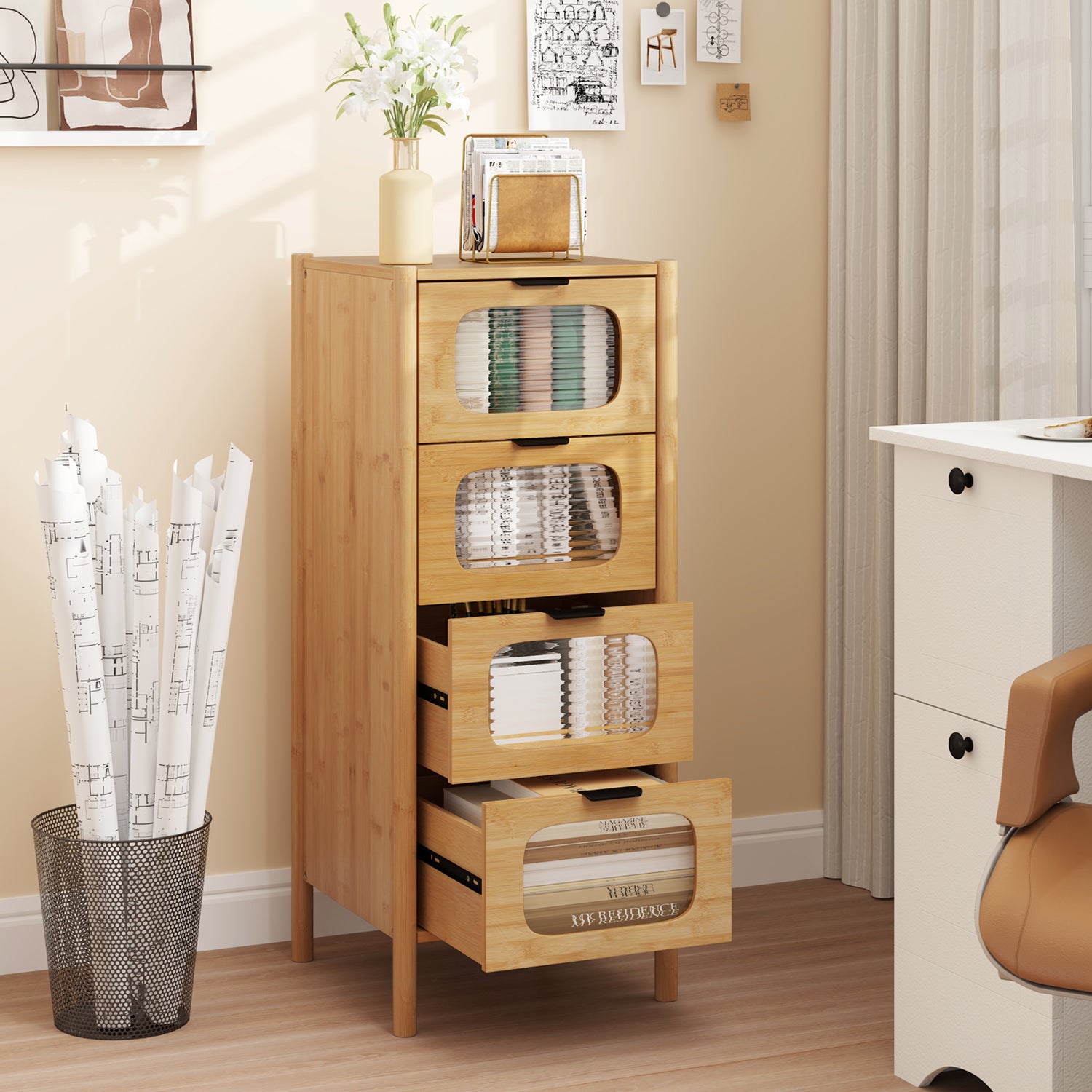4-Drawer Dresser Bamboo Storage Cabinet with Fluted Tempered Glass Drawers-Natural