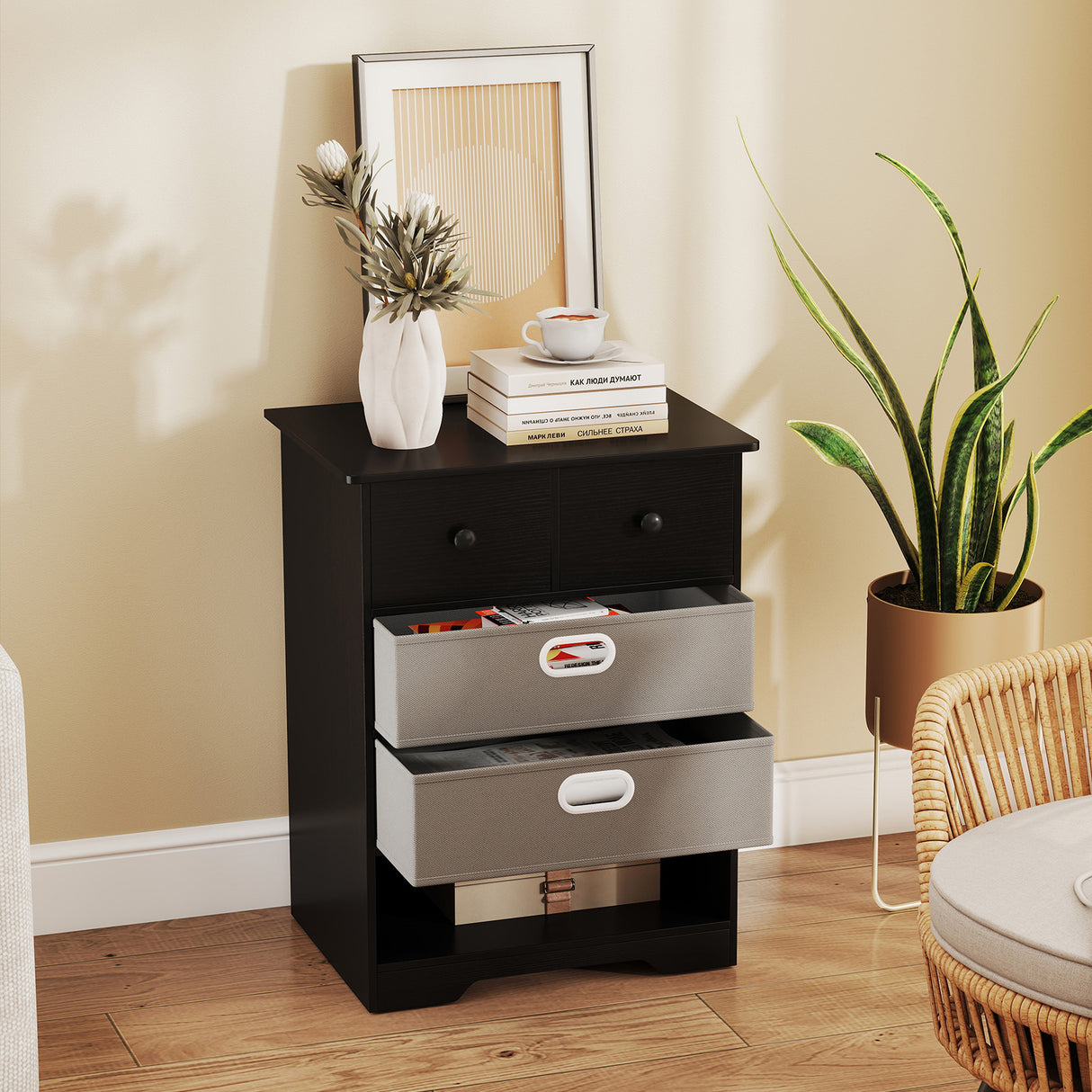 4-Drawer Dresser Modern Chest Storage Organizer with Open Shelves
