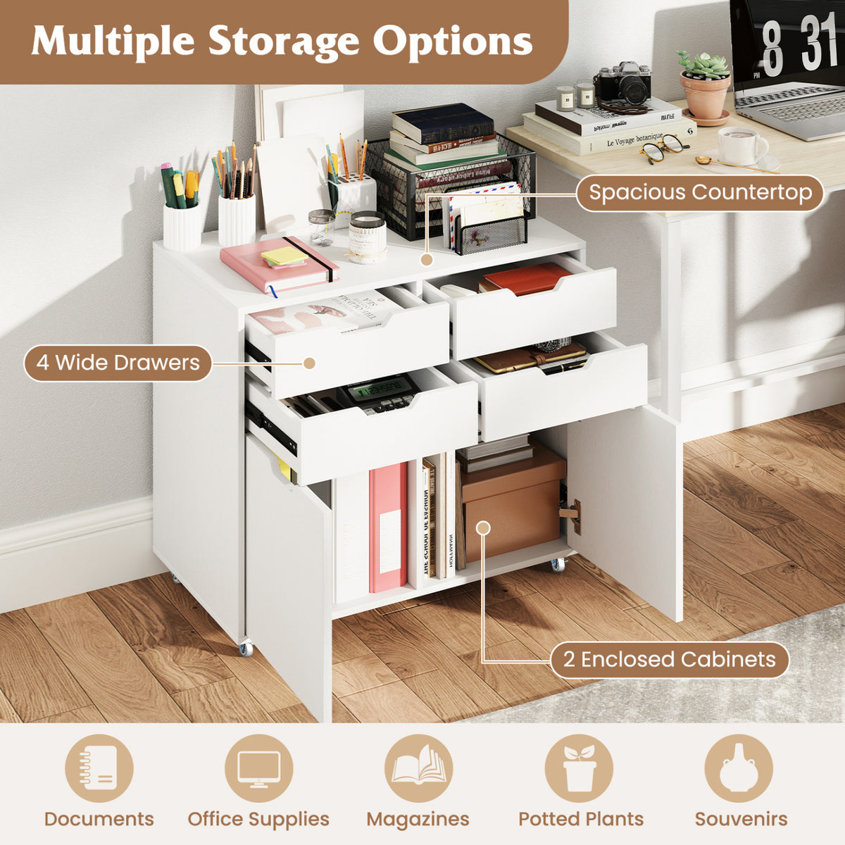 4 Drawer File Cabinet with Wheels for Home Office Organization