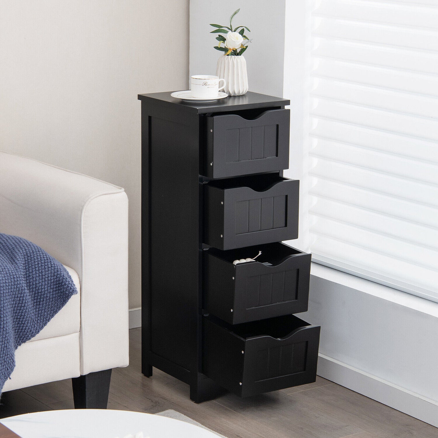 4-Drawer Freestanding Floor Cabinet with Anti-Toppling Device-Black