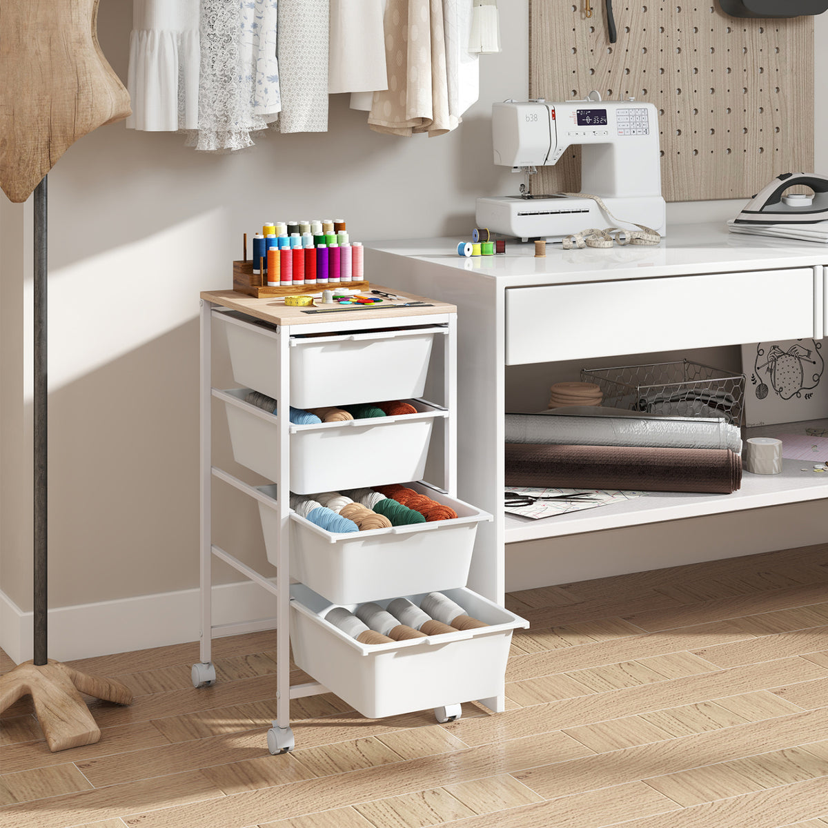 4-Drawer Rolling Storage Cart Mobile Utility Organizer with Wooden Tabletop and Lockable Wheels