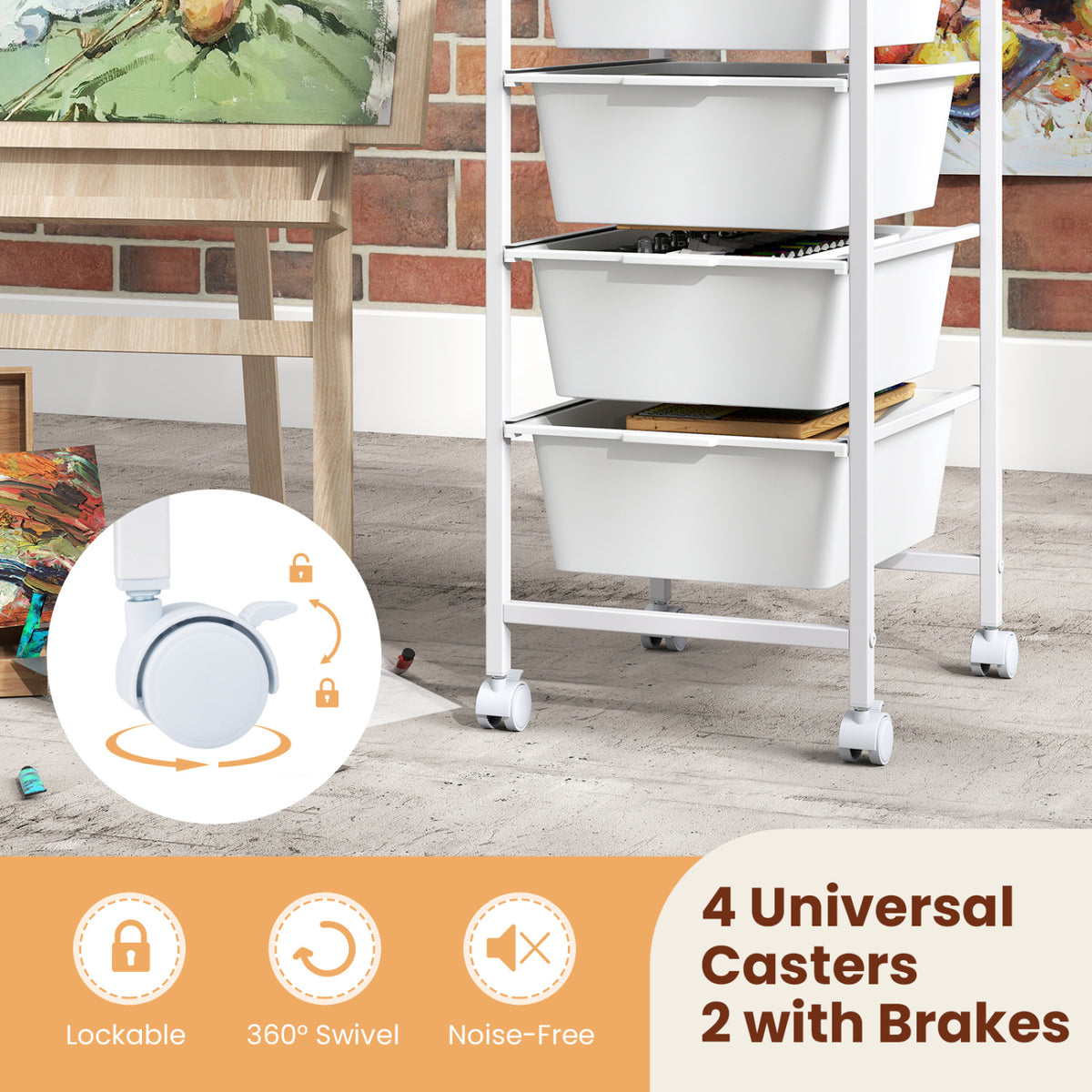 4-Drawer Rolling Storage Cart Mobile Utility Organizer with Wooden Tabletop and Lockable Wheels