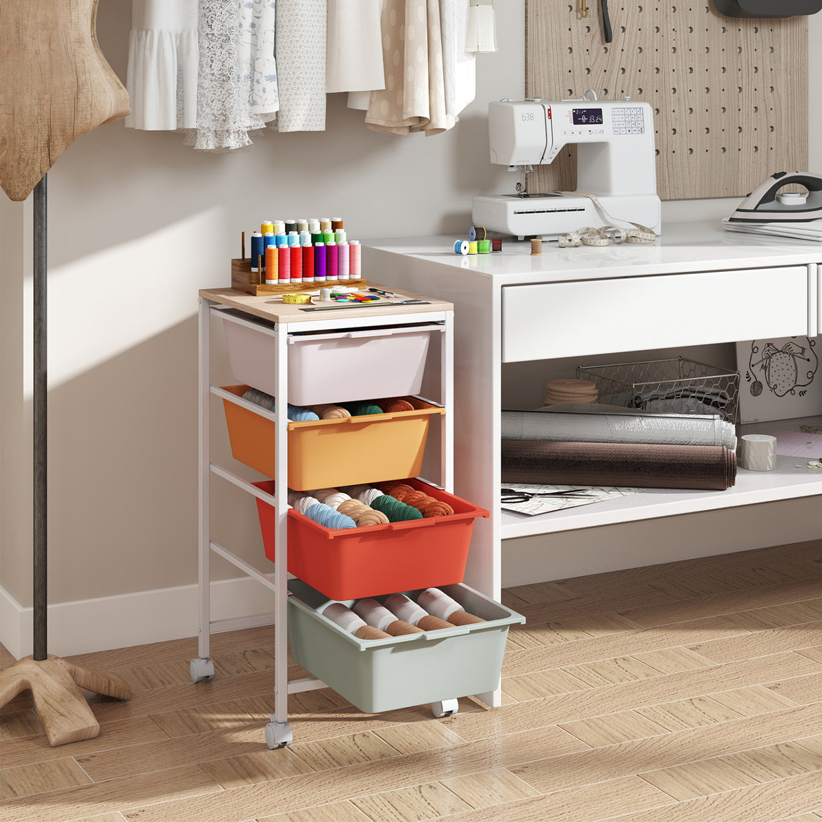 4-Drawer Rolling Storage Cart Mobile Utility Organizer with Wooden Tabletop and Lockable Wheels