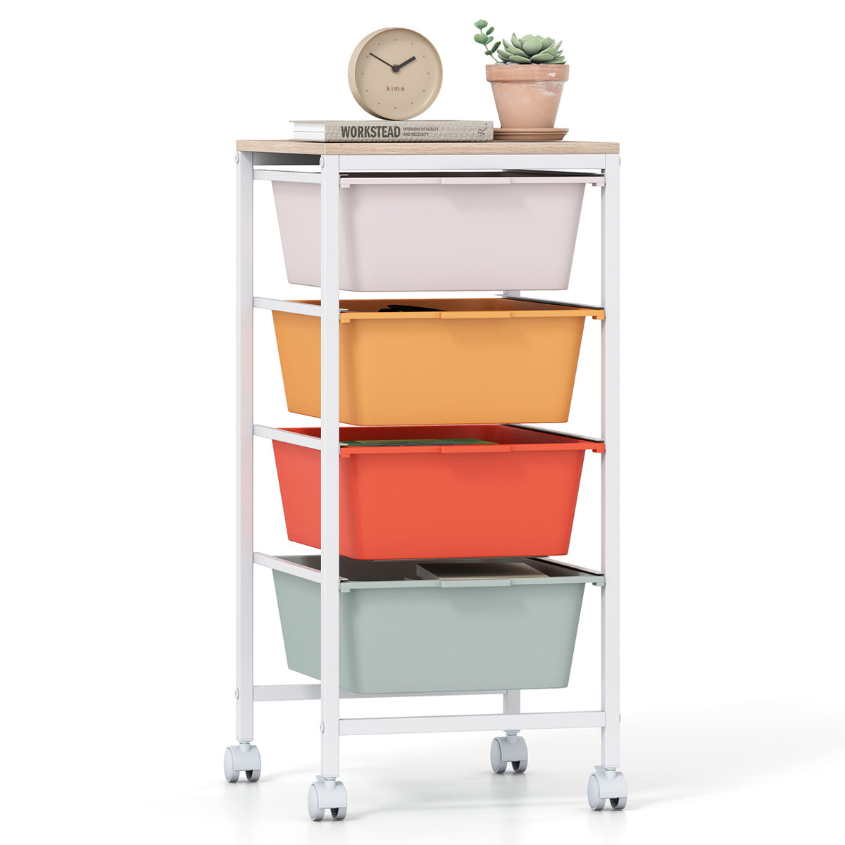 4-Drawer Rolling Storage Cart Mobile Utility Organizer with Wooden Tabletop and Lockable Wheels