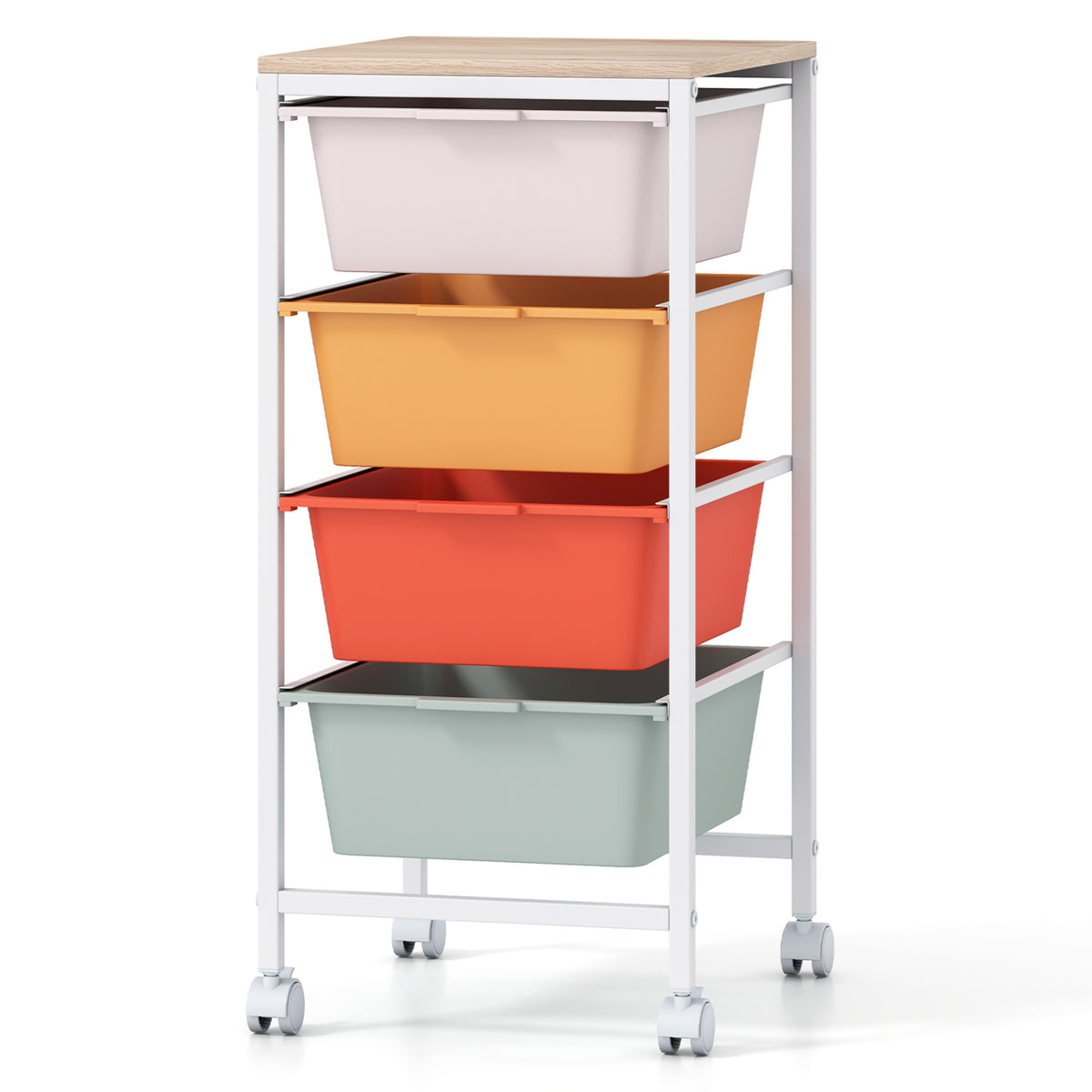4-Drawer Rolling Storage Cart Mobile Utility Organizer with Wooden Tabletop and Lockable Wheels