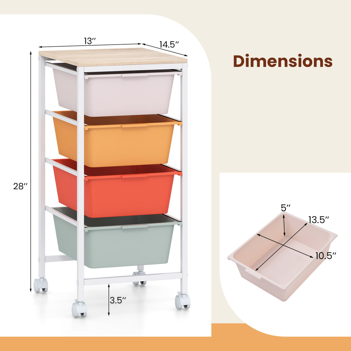4-Drawer Rolling Storage Cart Mobile Utility Organizer with Wooden Tabletop and Lockable Wheels