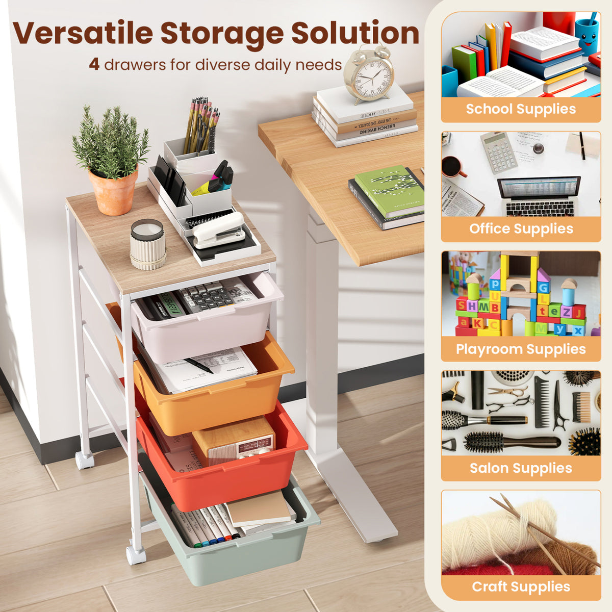 4-Drawer Rolling Storage Cart Mobile Utility Organizer with Wooden Tabletop and Lockable Wheels