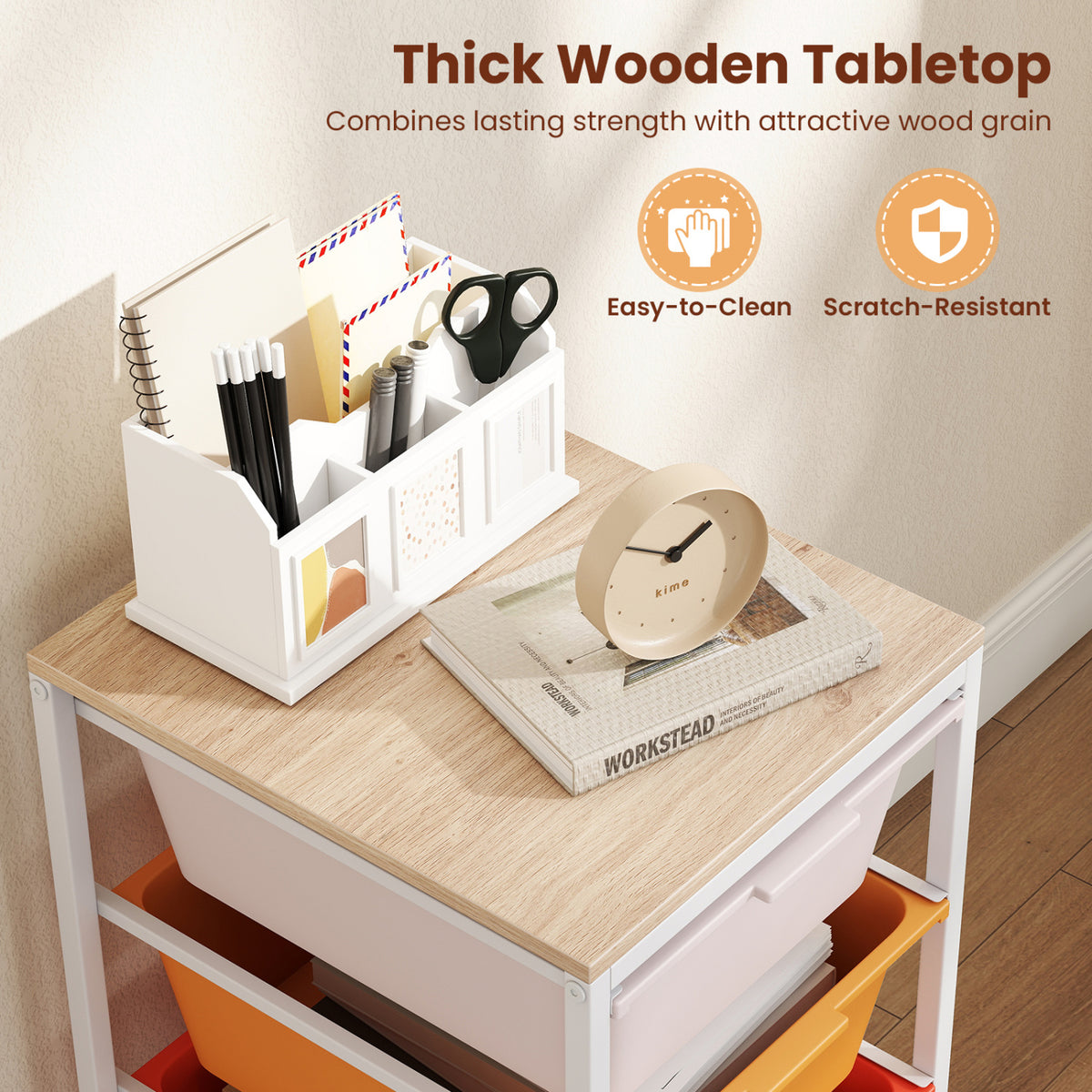 4-Drawer Rolling Storage Cart Mobile Utility Organizer with Wooden Tabletop and Lockable Wheels