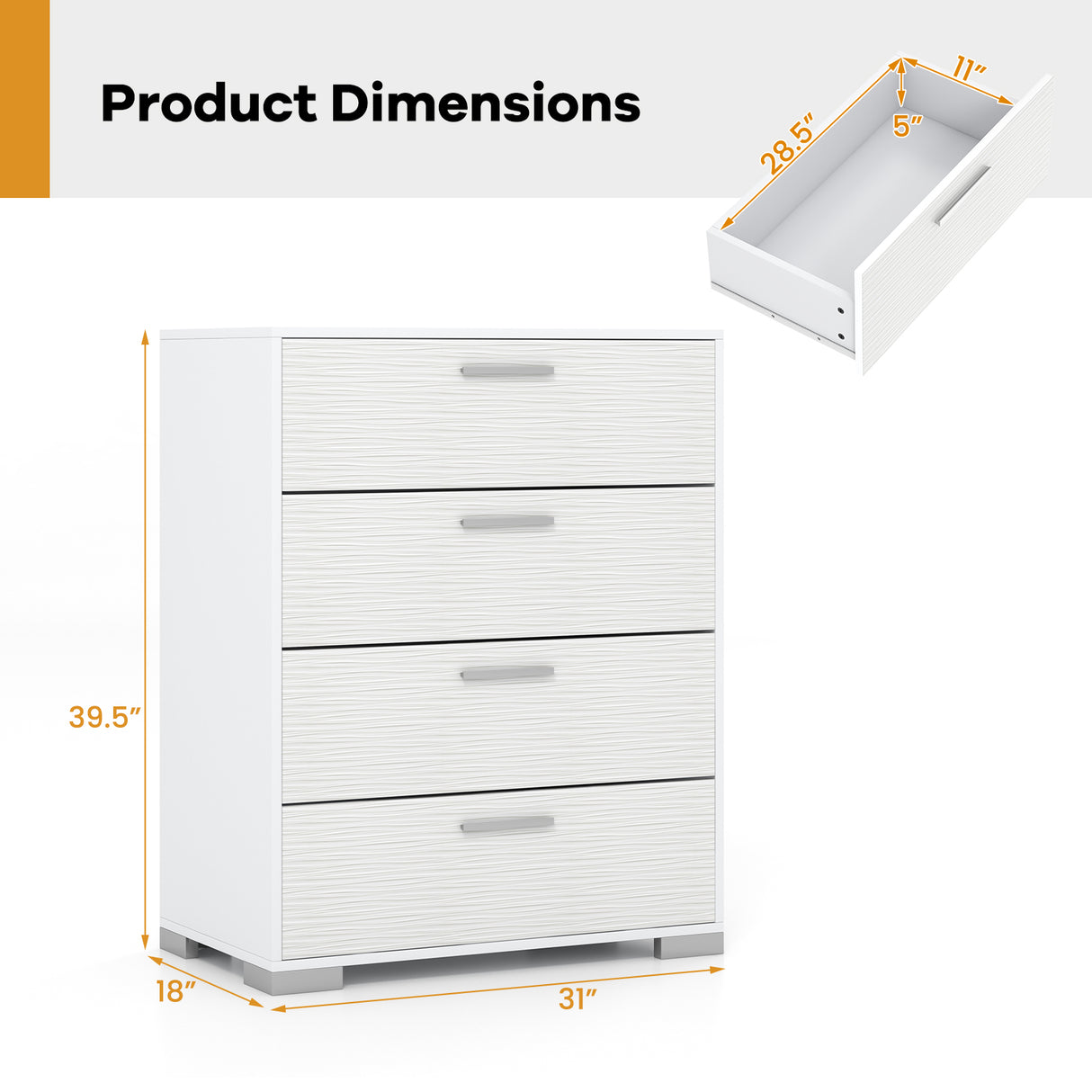 4 Drawer Storage Cabinet with Metal Legs Handles with Anti-Toppling Devices