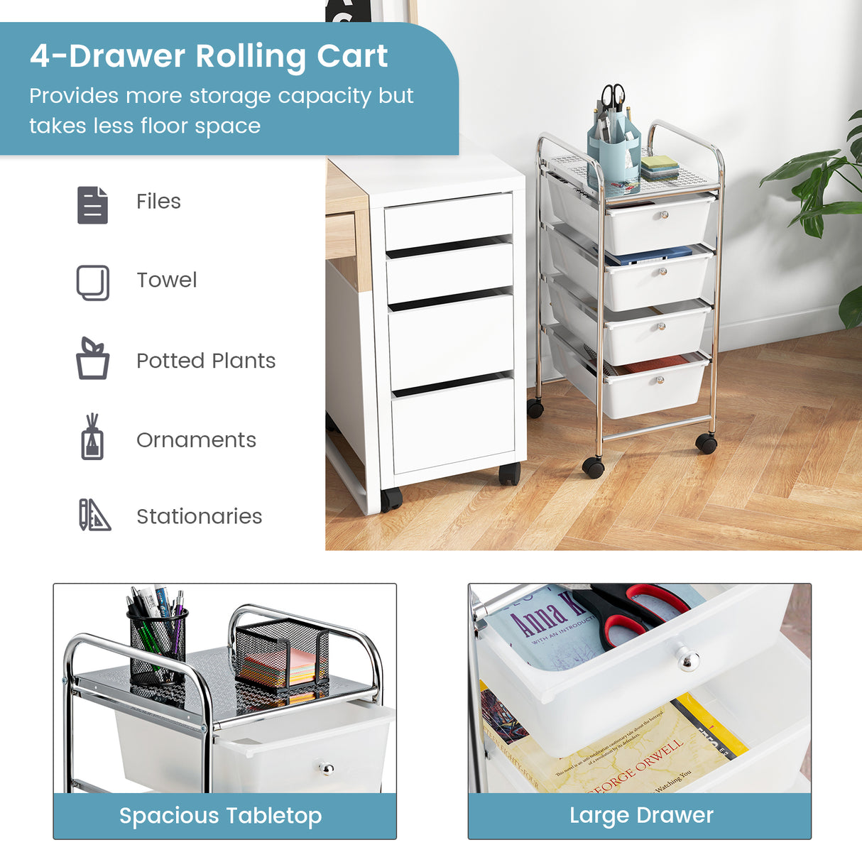 4-Drawer Cart Storage Bin Organizer Rolling with Plastic Drawers