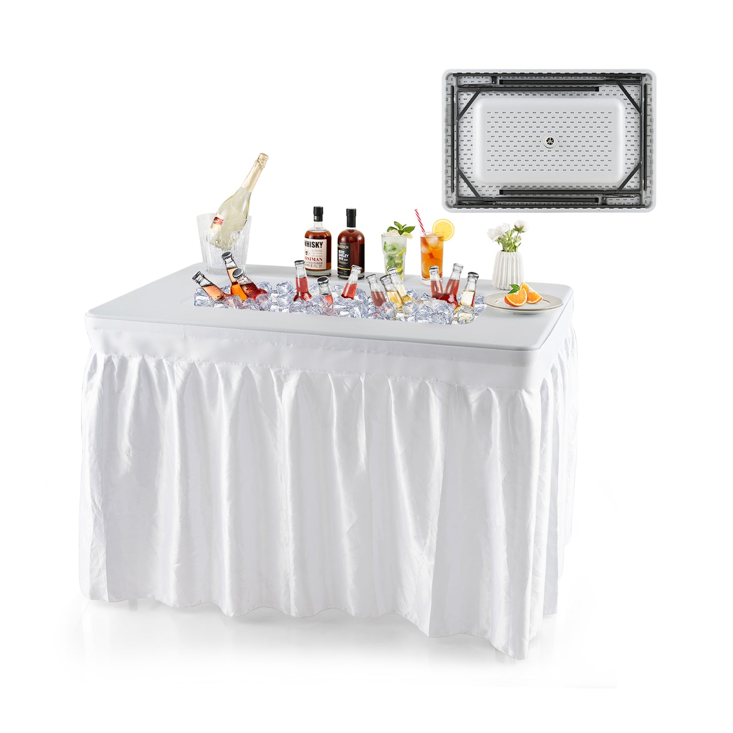 4 Feet Folding Ice Bin Table with Skirt for Camping Picnic Wedding with Ice Bucket-White