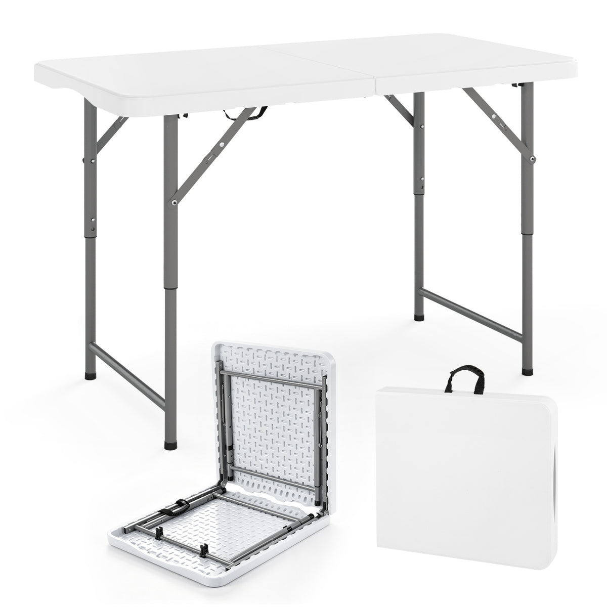 4 Feet Portable Camping Table with HDPE Tabletop and Metal Legs-White