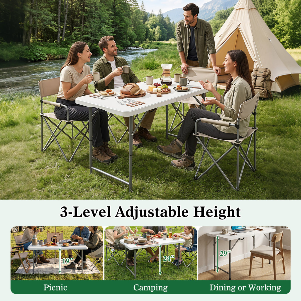 4 Feet Portable Camping Table with HDPE Tabletop and Metal Legs-White