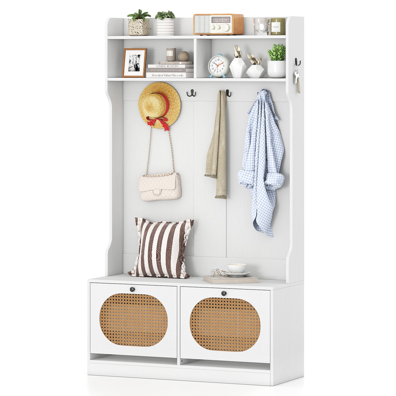 4-In-1 Hall Tree with Coat Rack and Flip Drawers for Entryway Mudroom