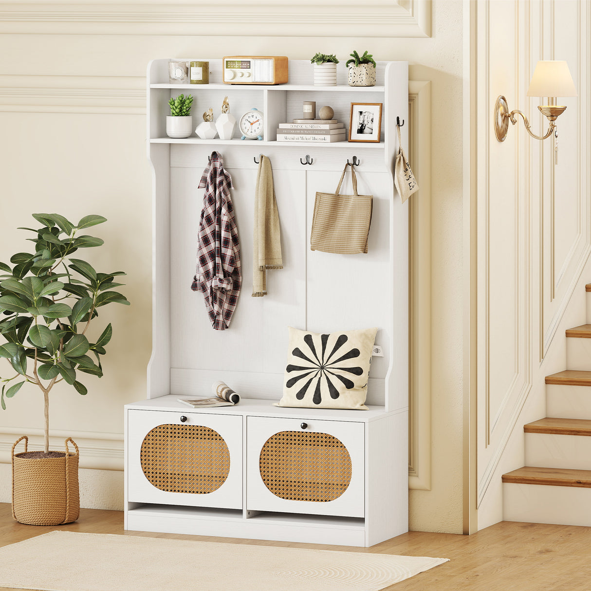 4-In-1 Hall Tree with Coat Rack and Flip Drawers for Entryway Mudroom