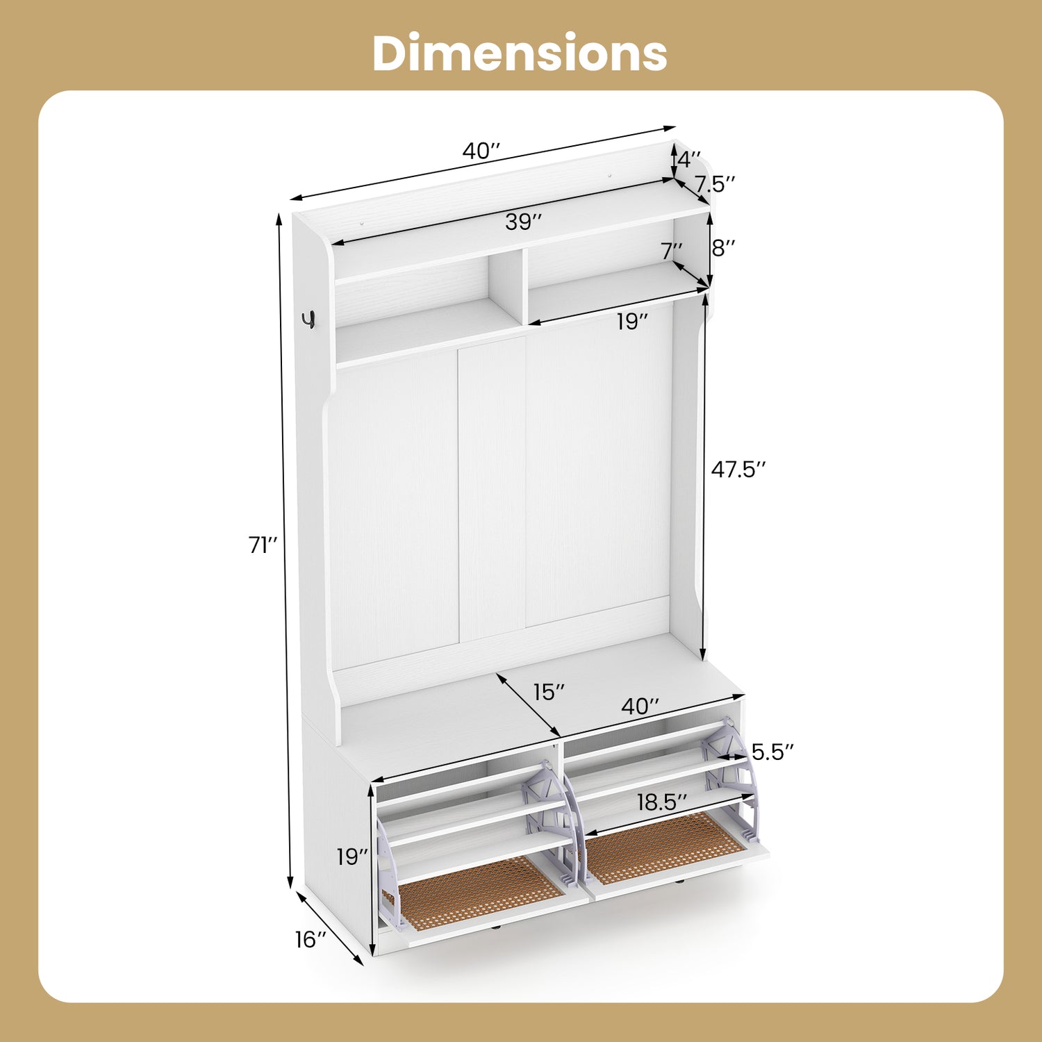 4-In-1 Hall Tree with Coat Rack and Flip Drawers for Entryway Mudroom