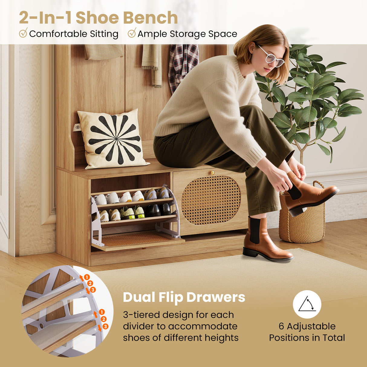 4-In-1 Hall Tree with Coat Rack and Flip Drawers for Entryway Mudroom