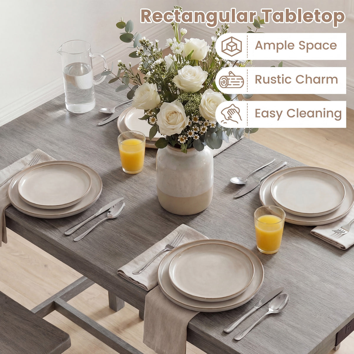 4-Piece Counter Height Dining Table Set with Power Outlet Solid Rubber Wood Kitchen Table