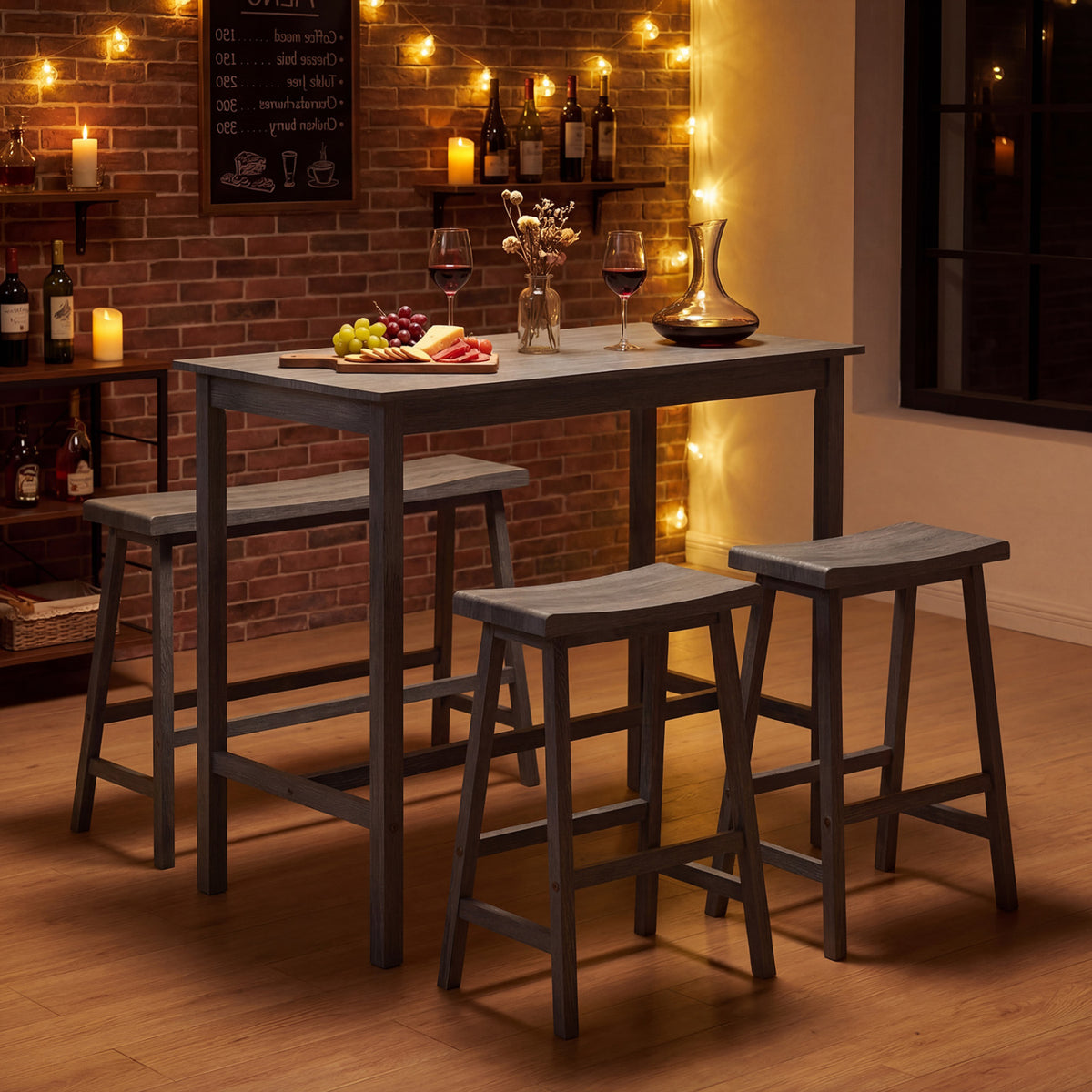 4-Piece Counter Height Dining Table Set with Power Outlet Solid Rubber Wood Kitchen Table