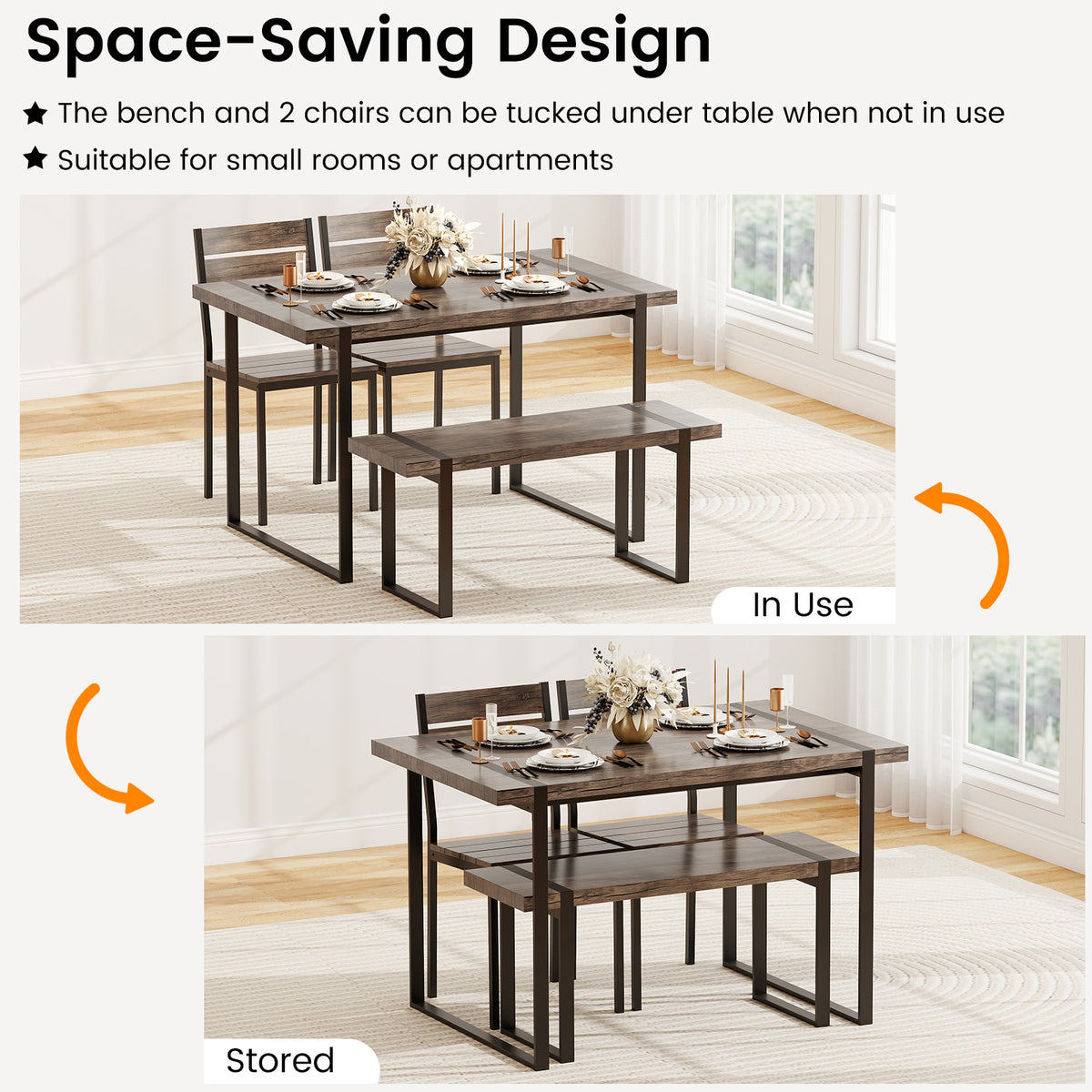 4-Piece Dining Table Set for 4 with 1 Bench and 2 Chairs-Gray