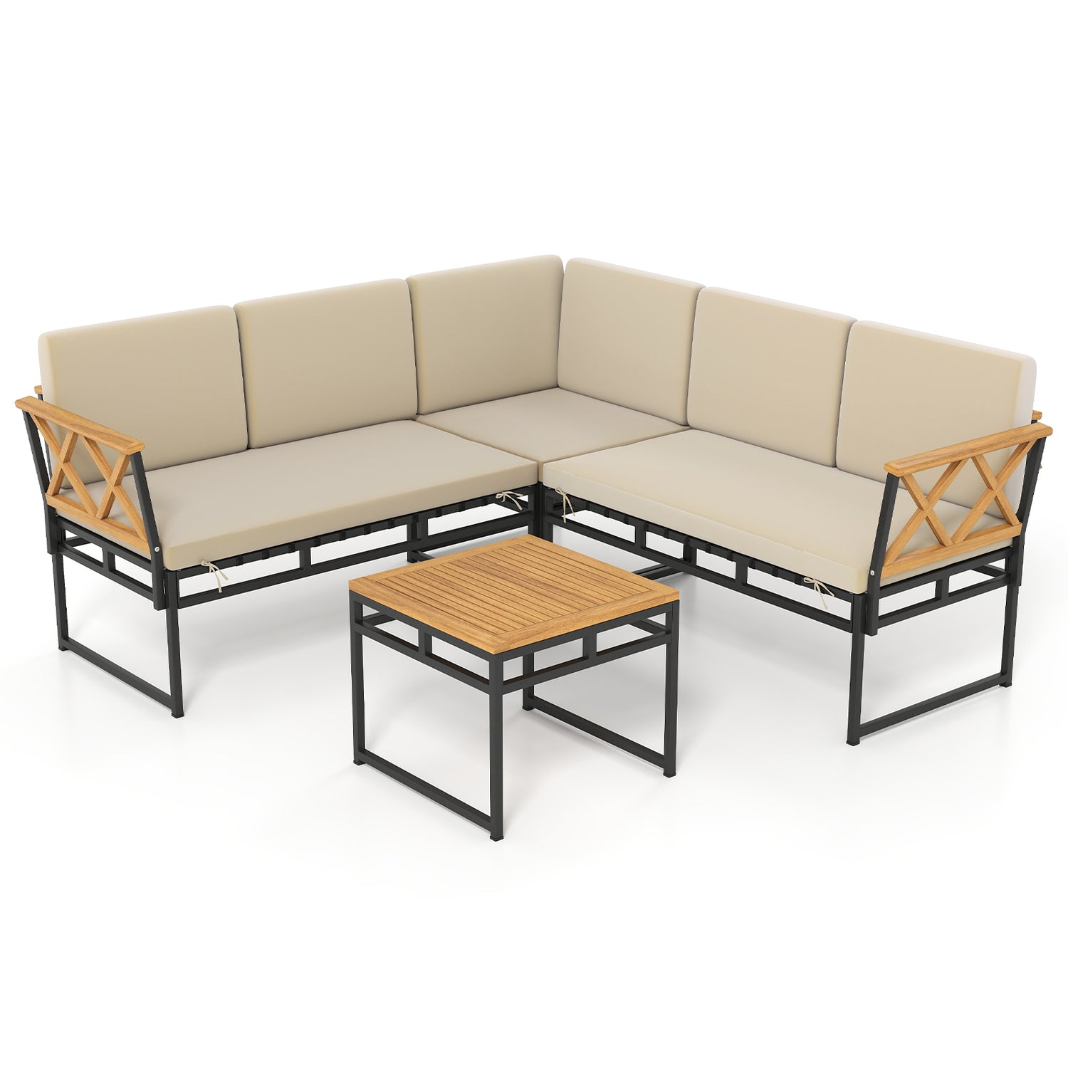 4 Pieces Patio L-Shaped Sofa Set with Cushions and Side Table-Brown