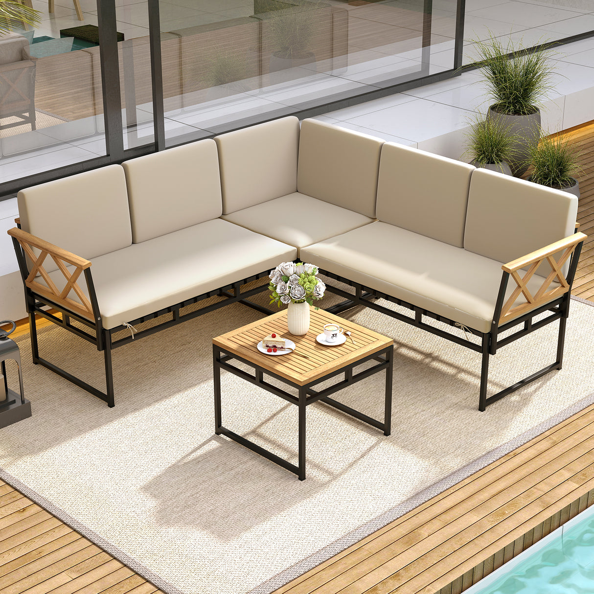 4 Pieces Patio L-Shaped Sofa Set with Cushions and Side Table-Brown