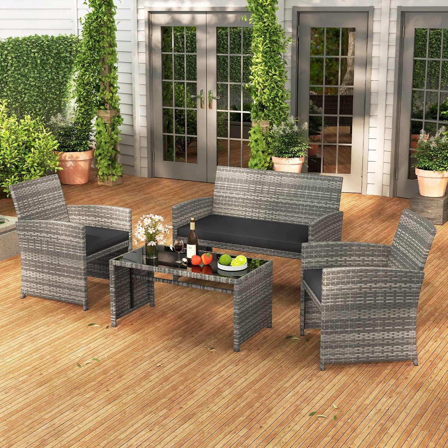 4 Piece Patio Conversation Set Rattan Chair Loveseat and Table Set