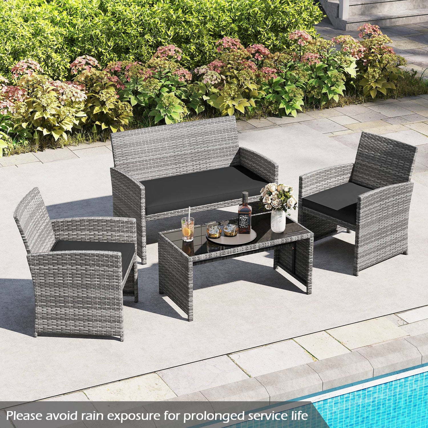 4 Piece Patio Conversation Set Rattan Chair Loveseat and Table Set