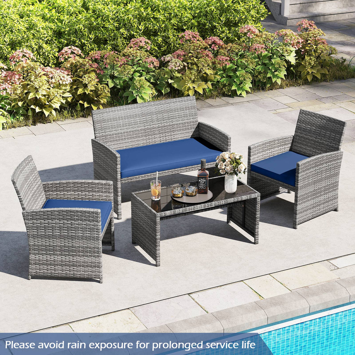 4 Piece Patio Conversation Set Rattan Chair Loveseat and Table Set