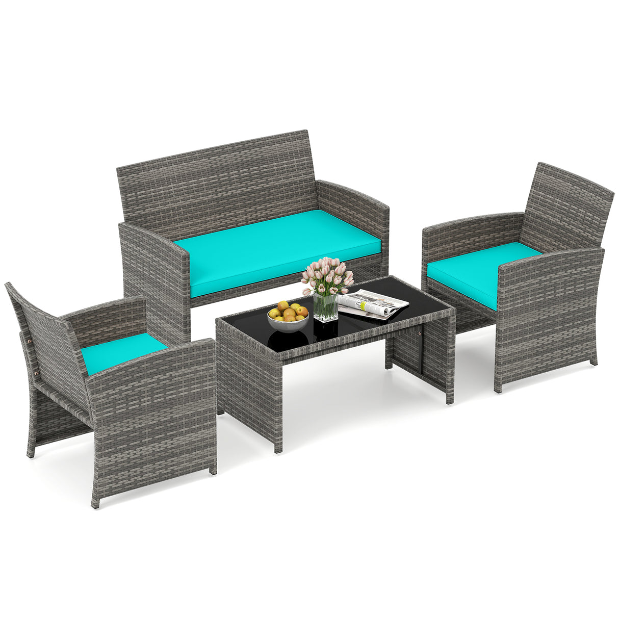 4 Piece Patio Conversation Set Rattan Chair Loveseat and Table Set