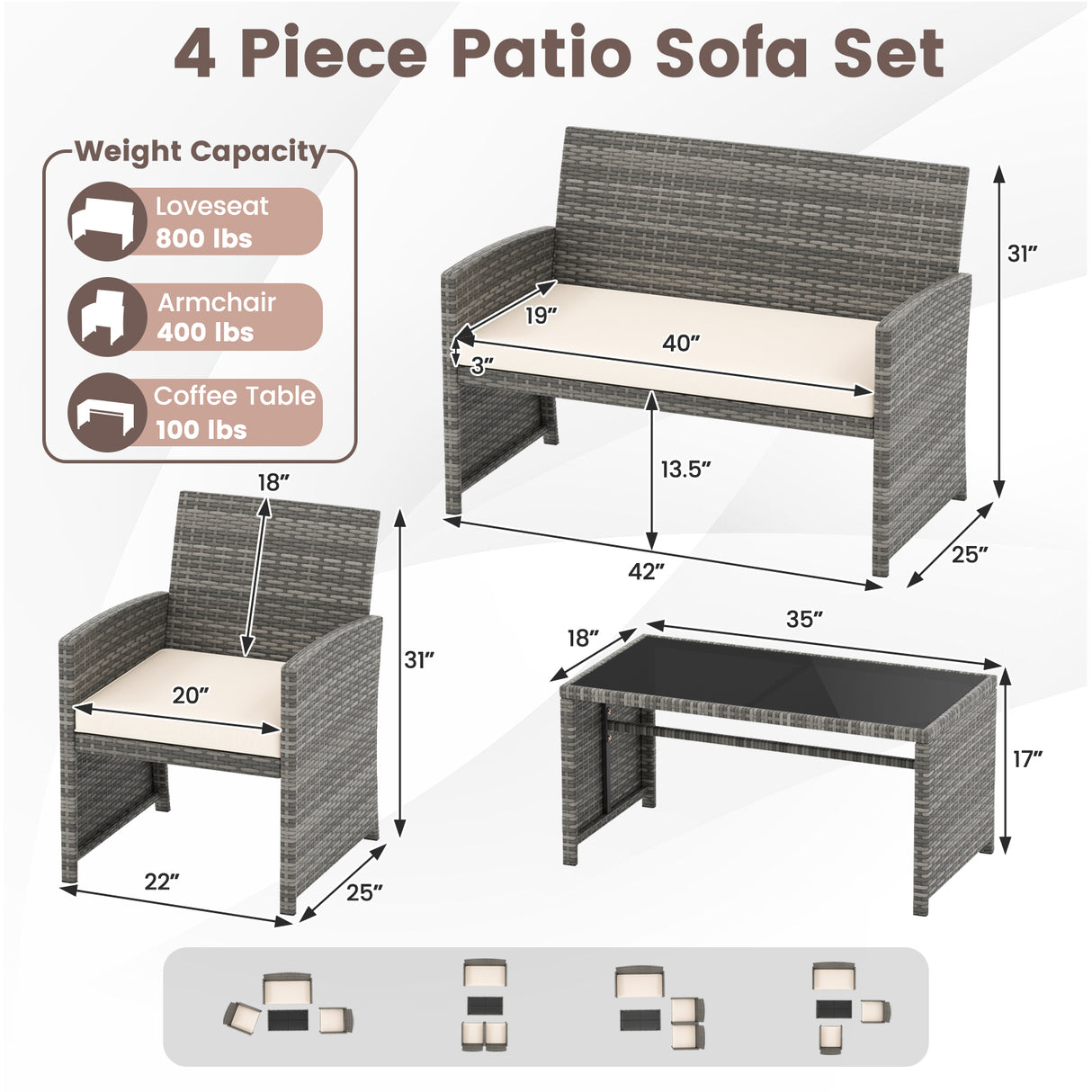 4 Piece Patio Conversation Set Rattan Chair Loveseat and Table Set