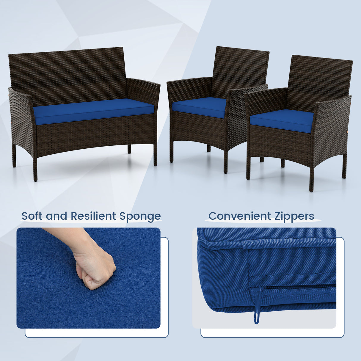 4 Piece Patio Rattan Conversation Set with Cozy Seat Cushions