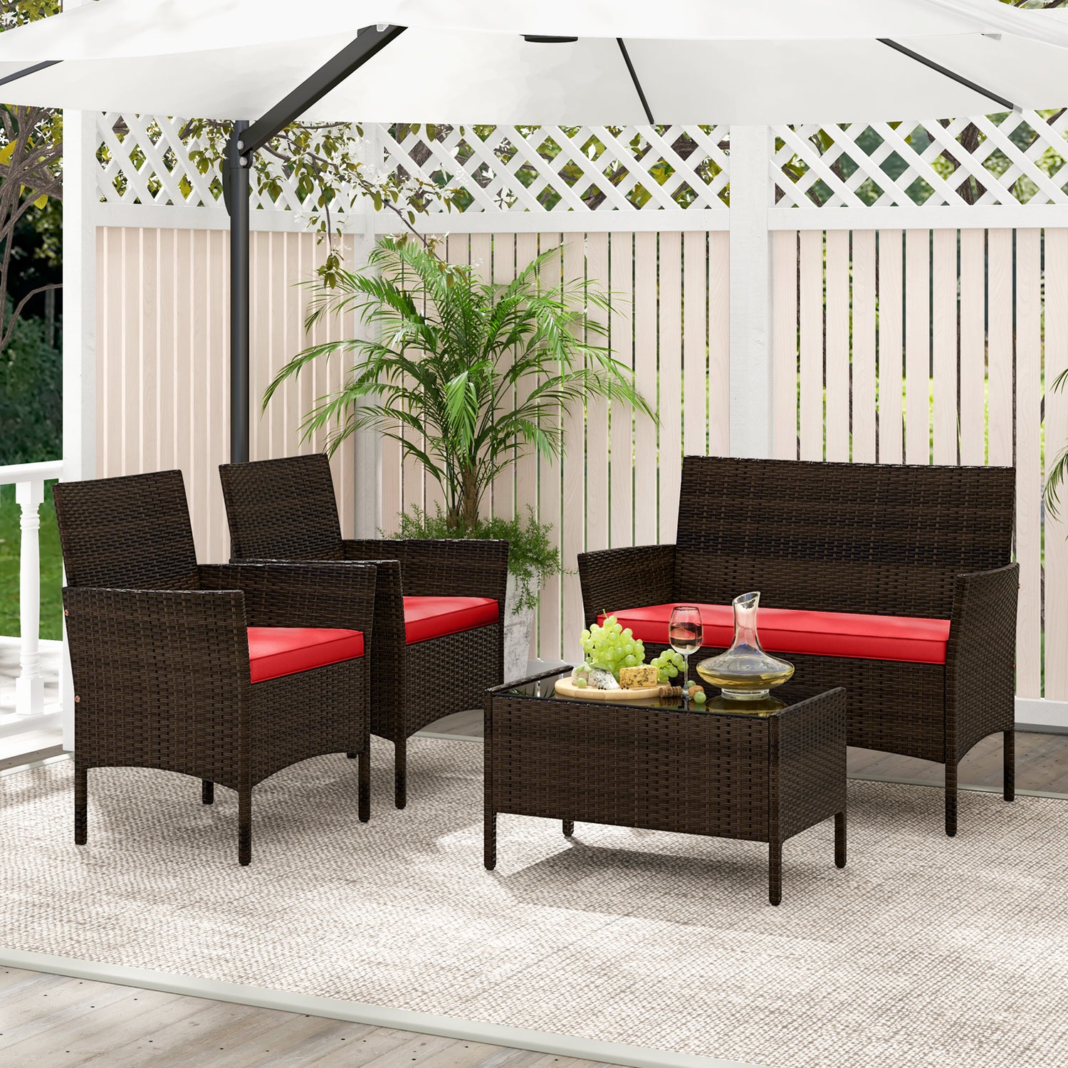 4 Piece Patio Rattan Conversation Set with Cozy Seat Cushions