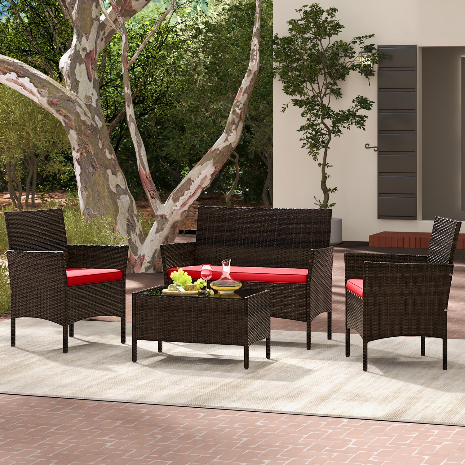 4 Piece Patio Rattan Conversation Set with Cozy Seat Cushions