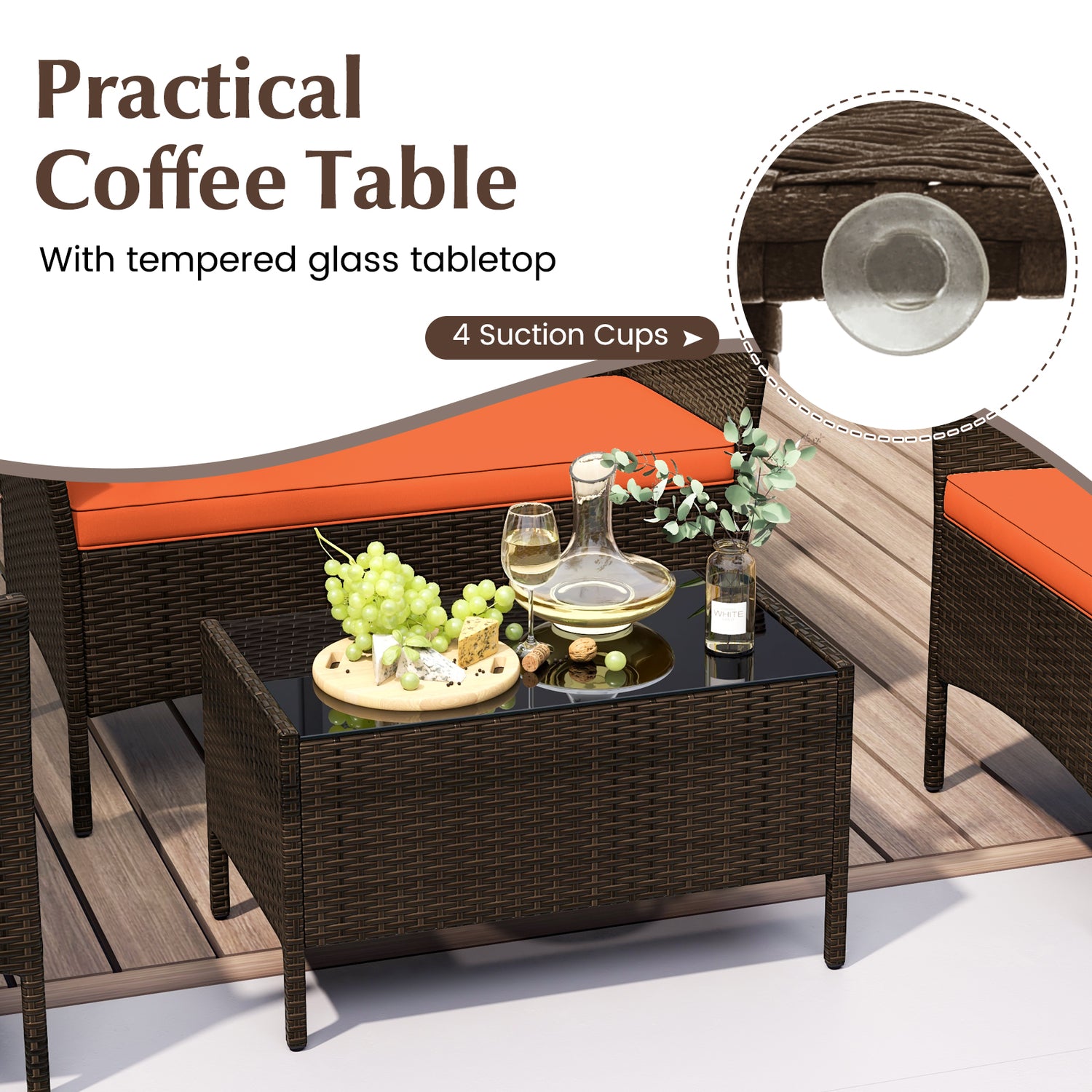4 Piece Patio Rattan Conversation Set with Cozy Seat Cushions