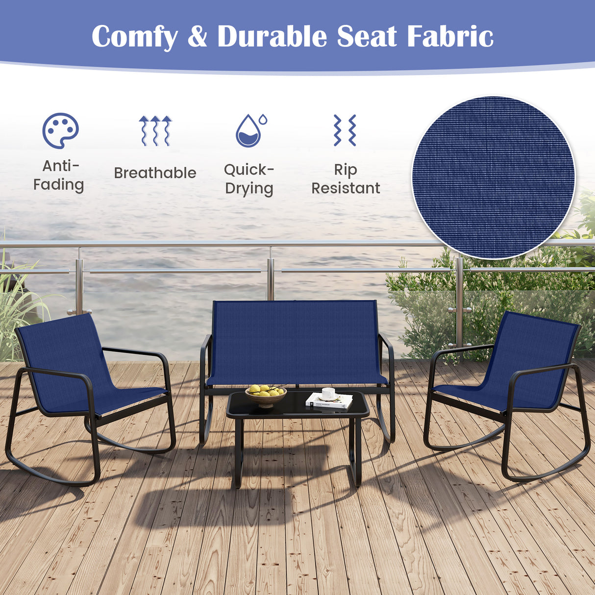 4 Piece Patio Rocking Set with Glass-Top Table