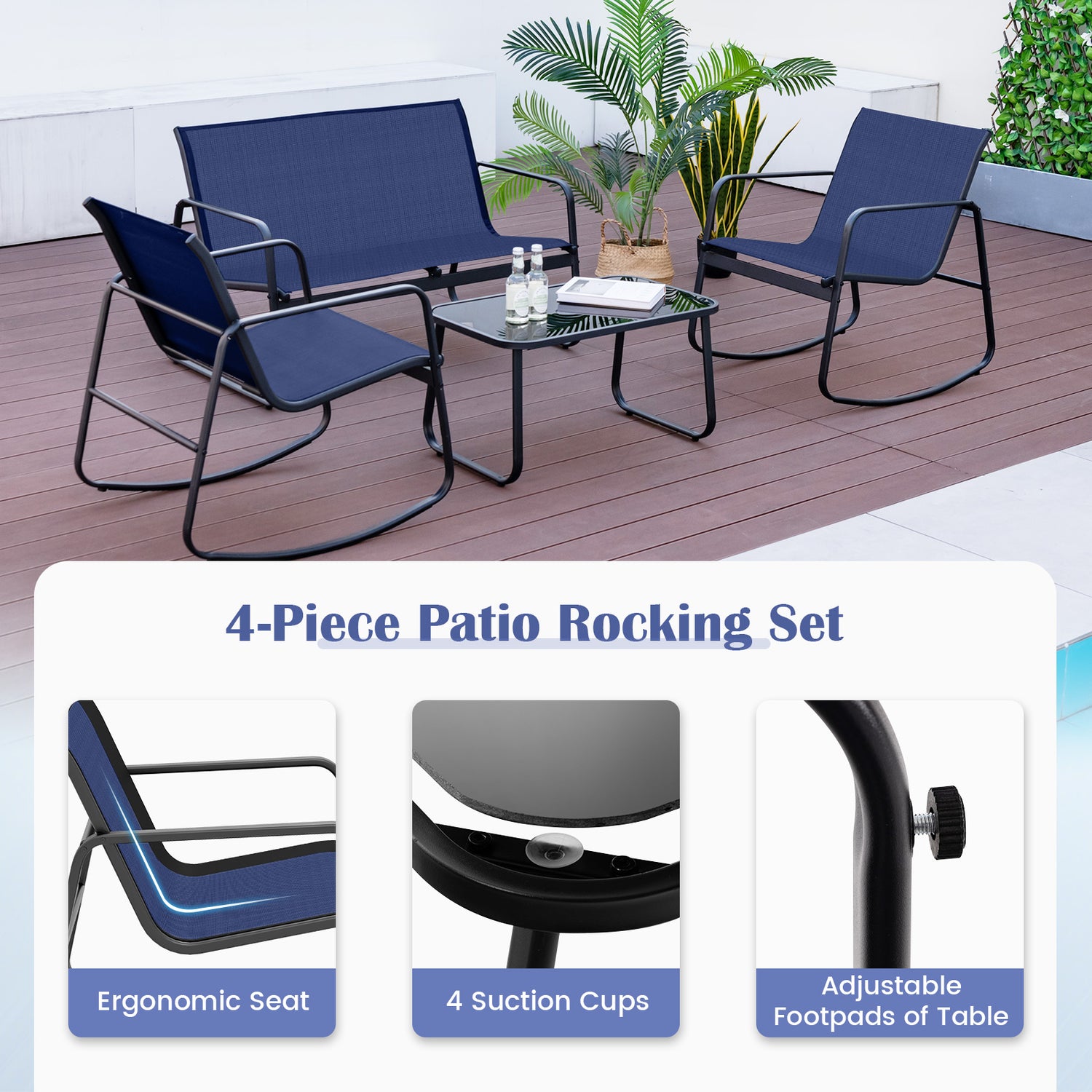 4 Piece Patio Rocking Set with Glass-Top Table
