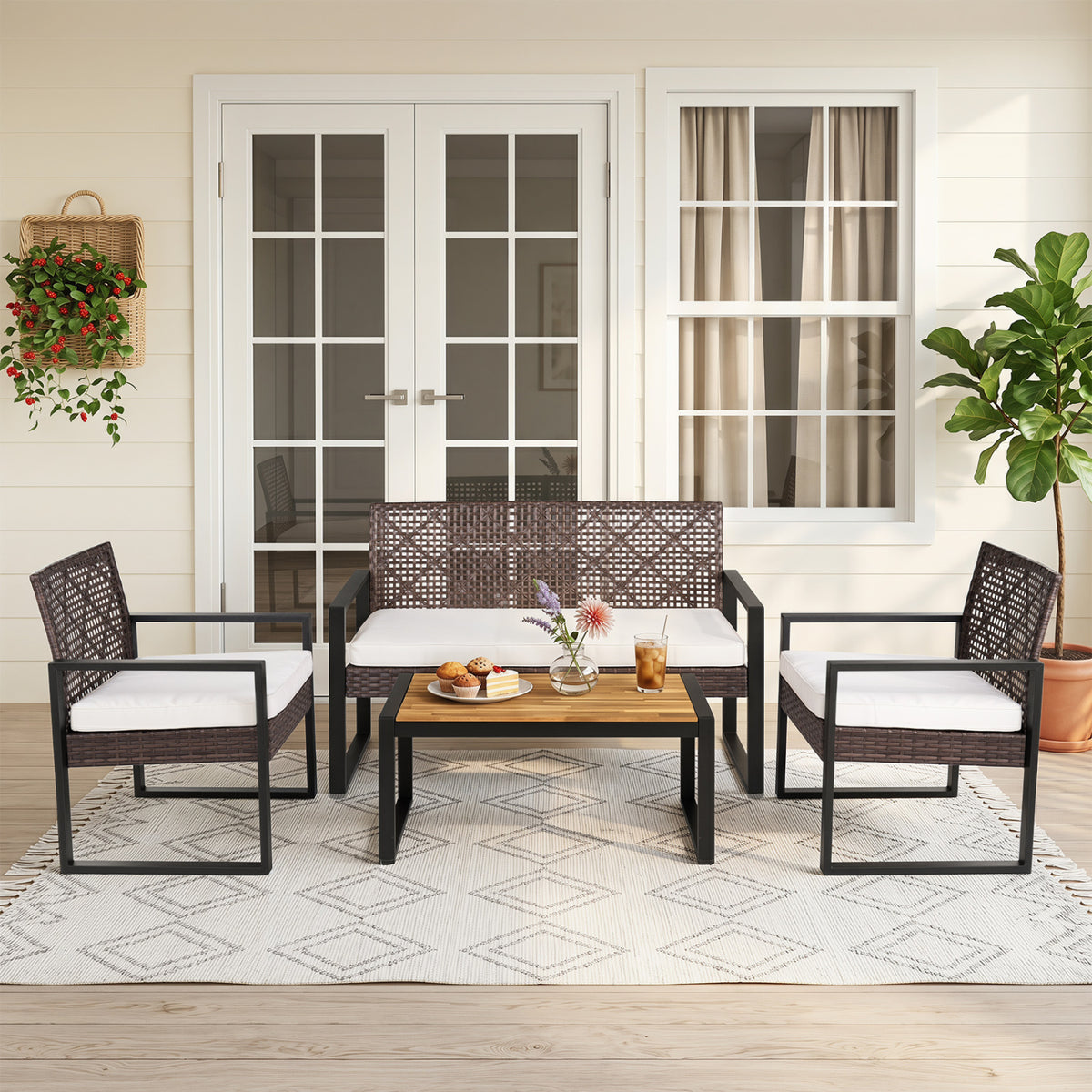 4-Piece Patio Set with Acacia Coffee Table and Wicker Chairs for Backyard-Brown & Black