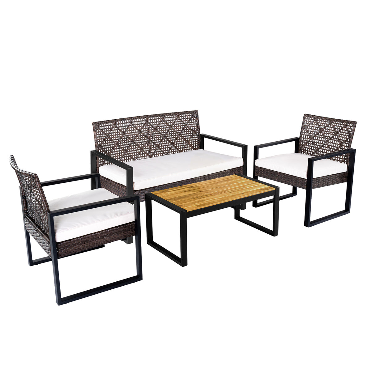 4-Piece Patio Set with Acacia Coffee Table and Wicker Chairs for Backyard-Brown & Black