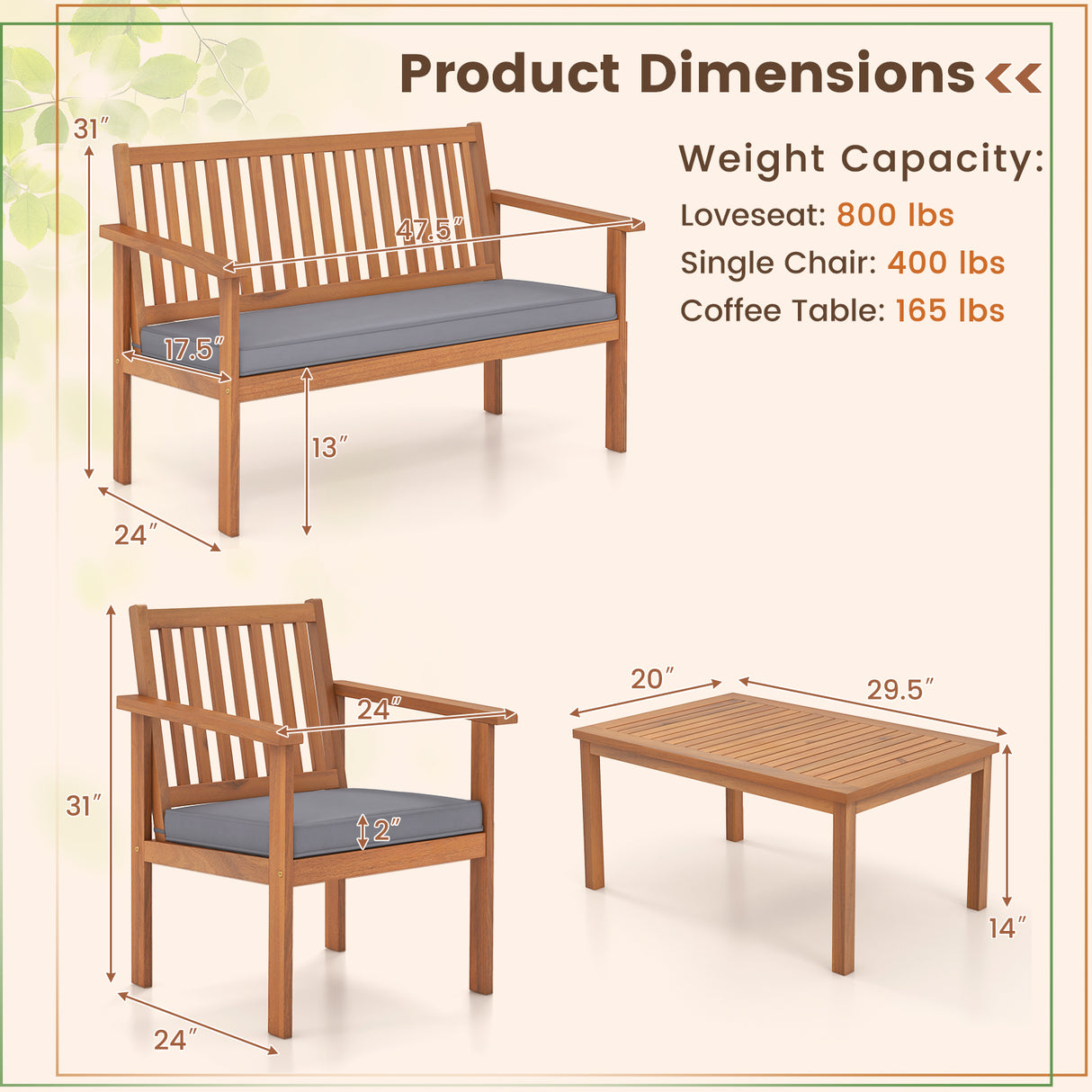4 Piece Patio Wood Furniture Set Acacia Wood Sofa Set with Loveseat