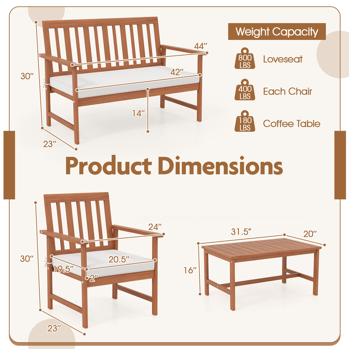 4 Pieces Acacia Wood Furniture Set with Seat Cushions and Robust Wood Frame-White
