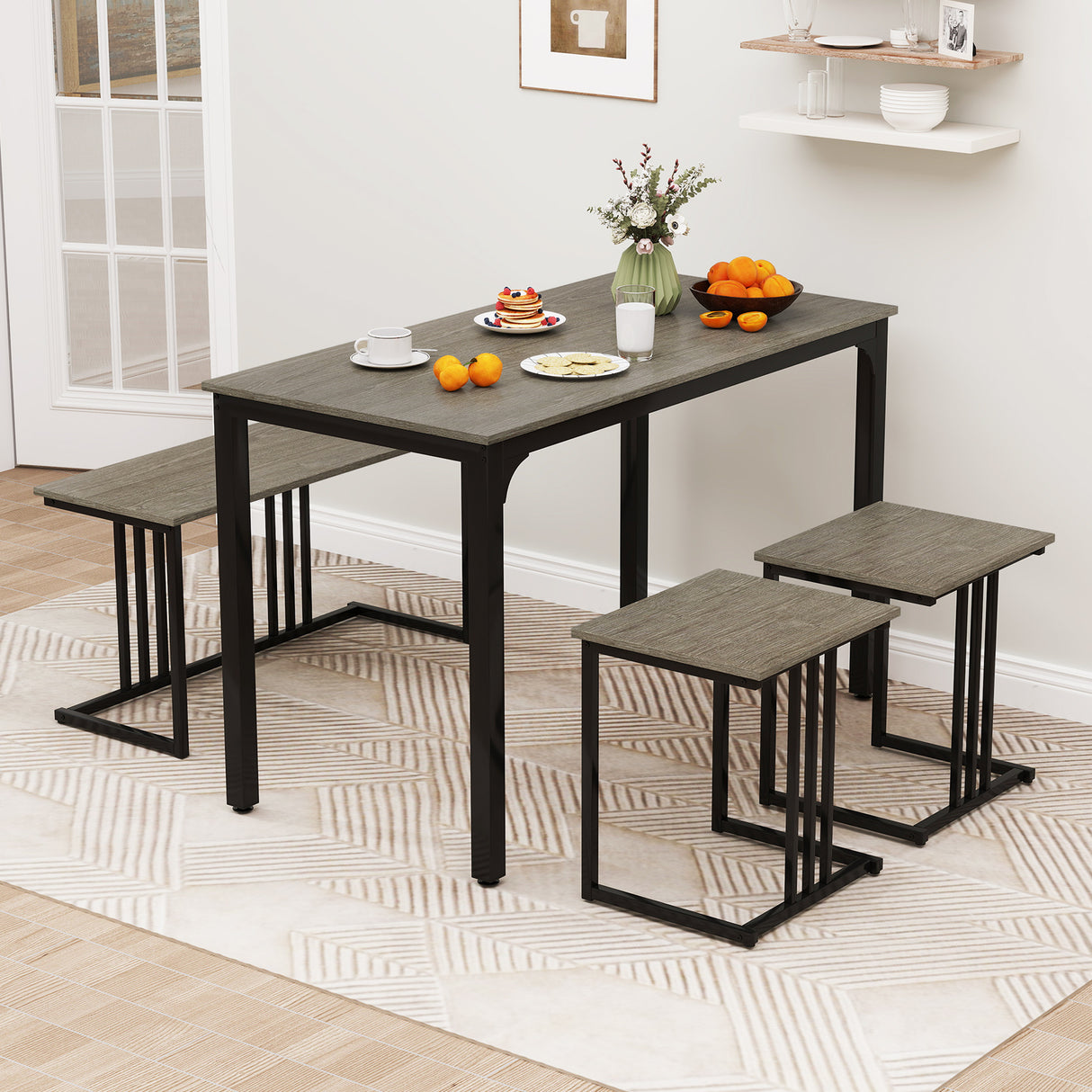 4 Pieces Industrial Dining Table Set with Bench and 2 Stools