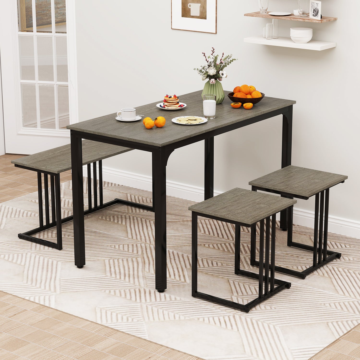 4 Pieces Industrial Dining Table Set with Bench and 2 Stools